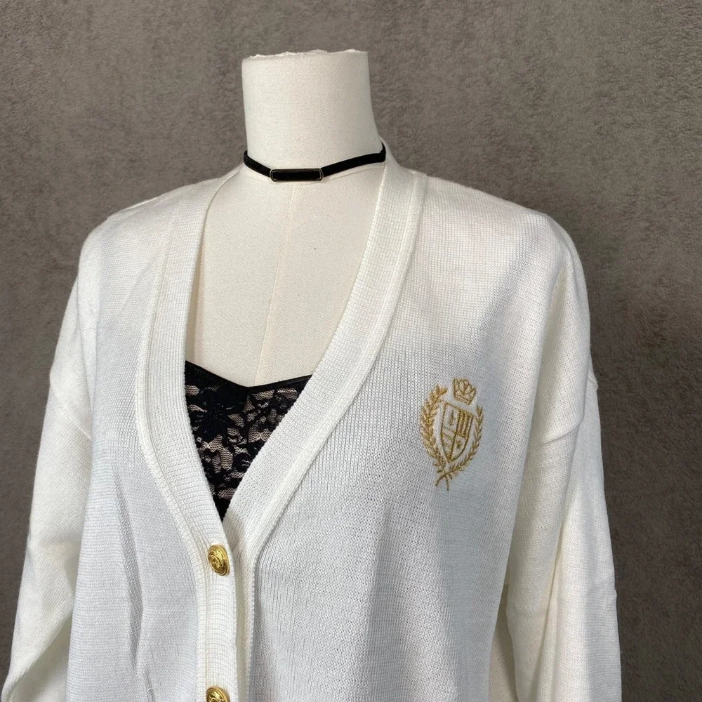 Vintage Womens Preppy Button Up Cardigan Size M Tennis Prep Old Money Crest Twee - Picture 3 of 11